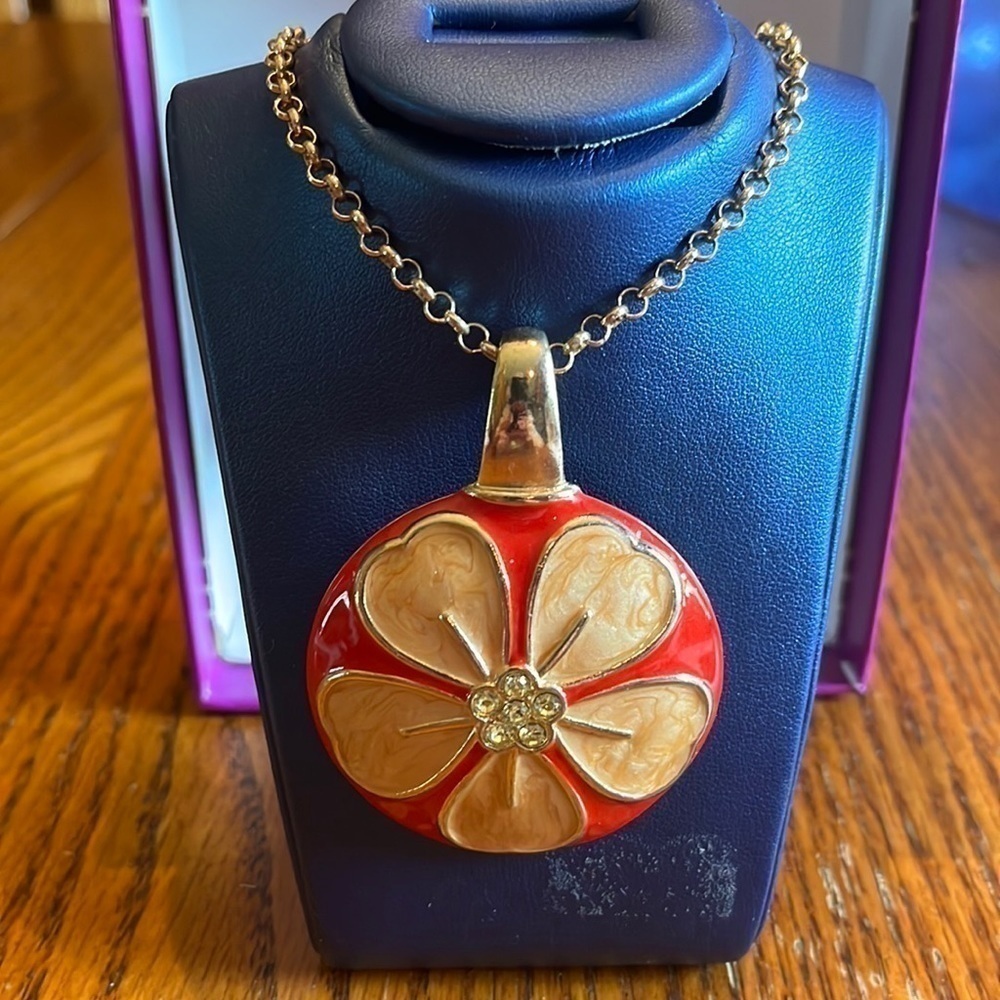 Pink Enamel Flower with Rhinestone necklace with gold chain from Kenneth Cole
